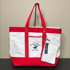 Beverly Hills Polo Club | XL Classic Red Canvas Tote w/ Matching Wristlet/Wallet